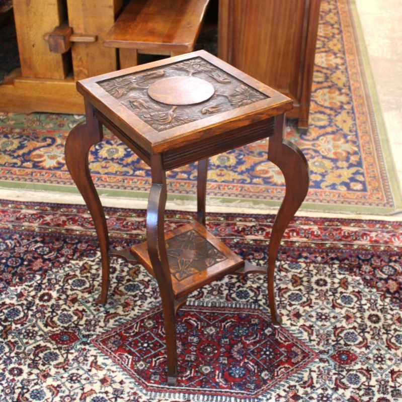 English Antique Carved Tiger Oak Edwardian Side Table