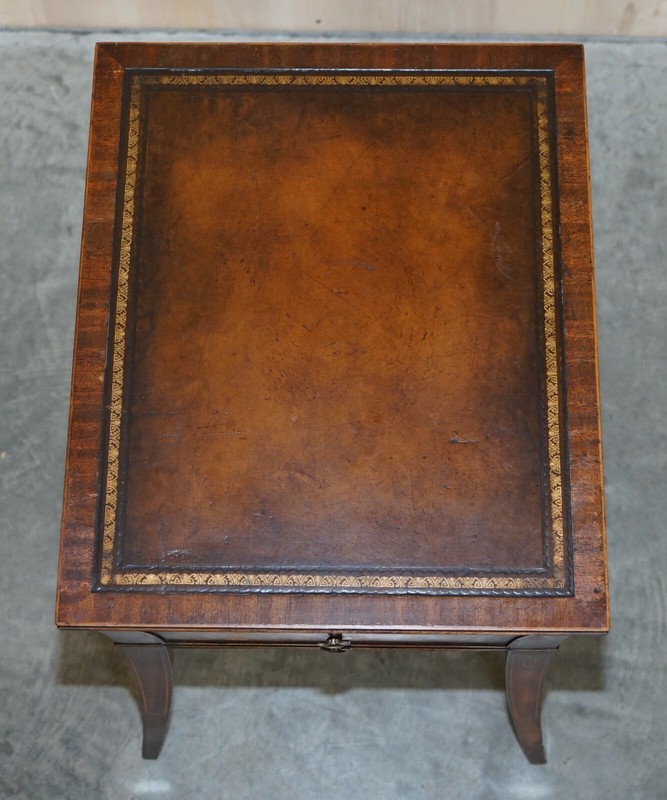 VICTORIAN MAHOGANY CURVED SINGLE DRAWER SIDE END LAMP TABLE BROWN LEATHER TOP gallery