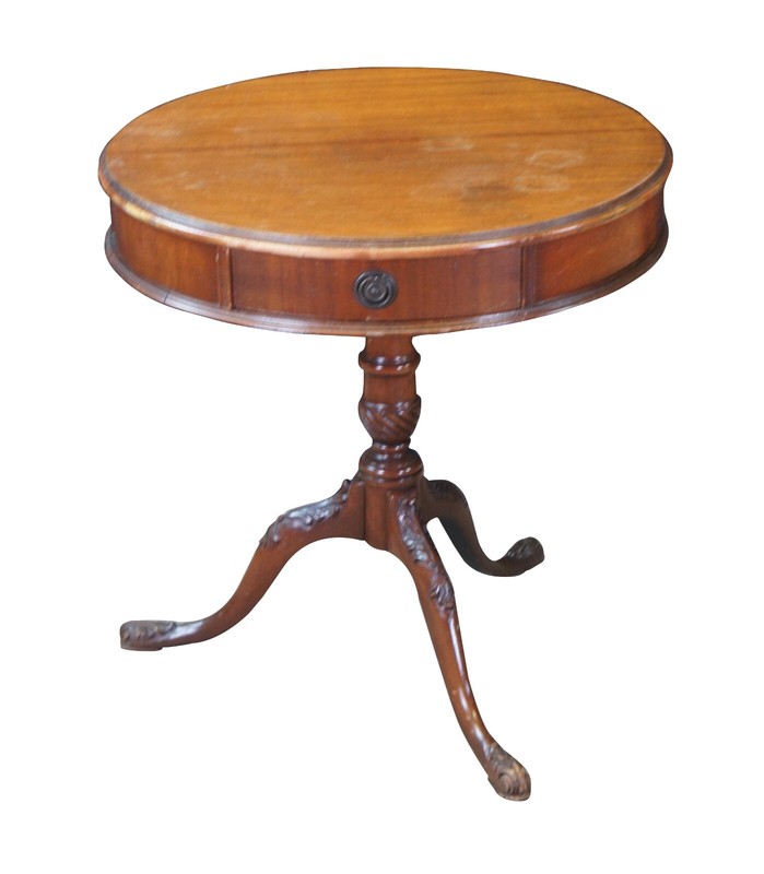 Antique English Georgian Style Mahogany Round Pedestal Drum Side Table Drawer