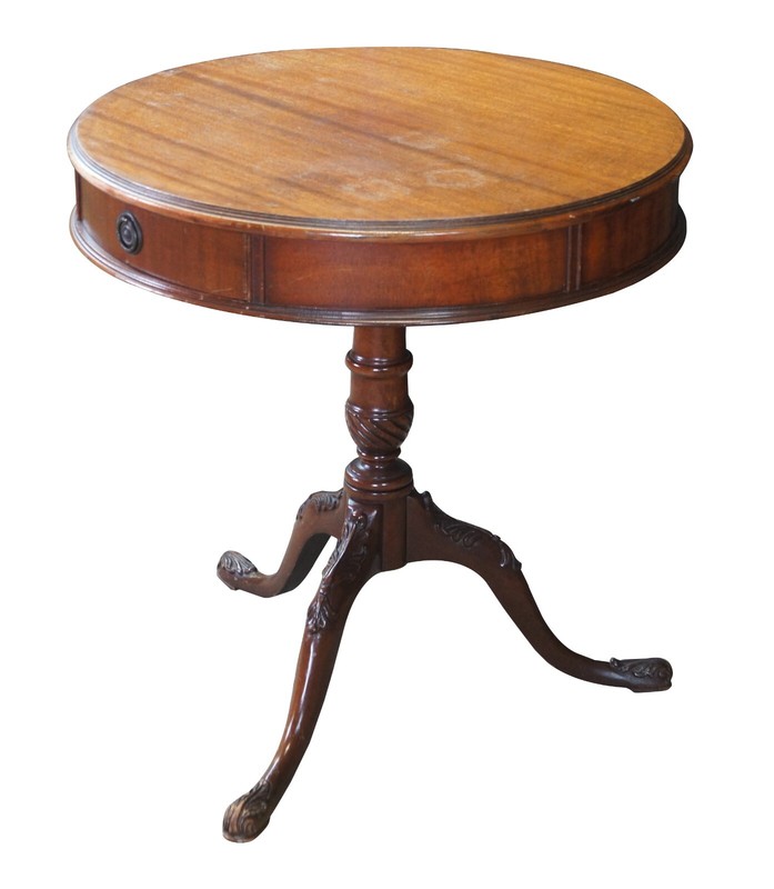 Antique English Georgian Style Mahogany Round Pedestal Drum Side Table Drawer gallery