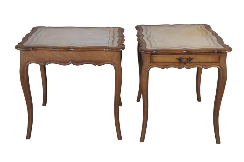 2 French Provincial Walnut Tooled Leather Serpentine Side Accent Tables 24" gallery