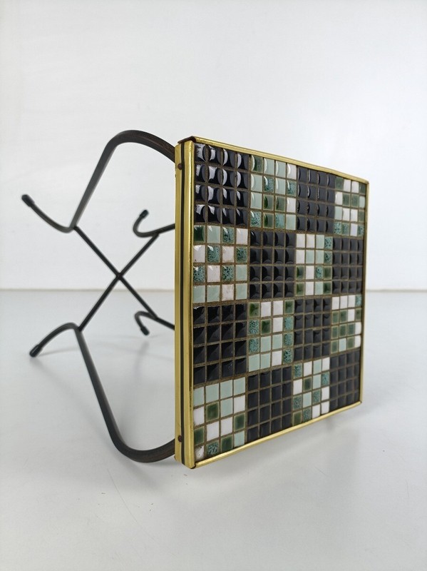 Vintage Small Side Table Plant stand Mosaic tiles Checkered pattern Wrought Iron gallery