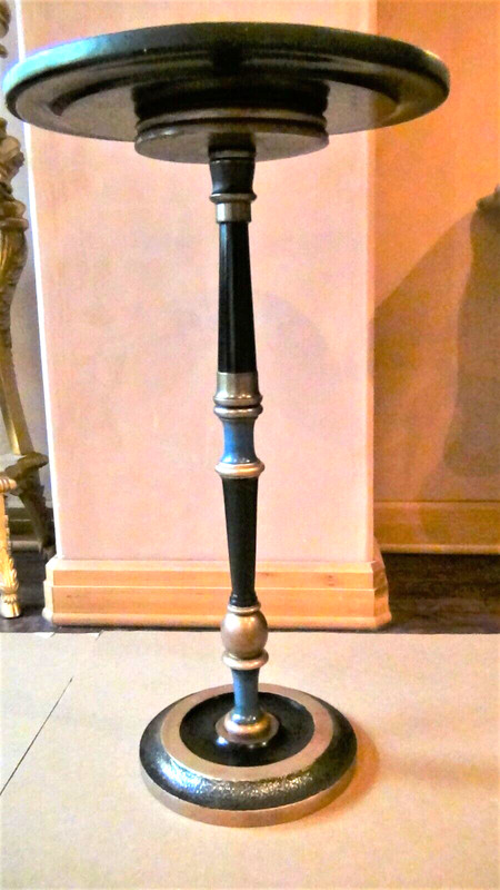 ANTIQUE EGYPTIAN WOOD ROUND TOP TABLE WITH INLAID BRASS,COPPER,PAINT & MOP. gallery