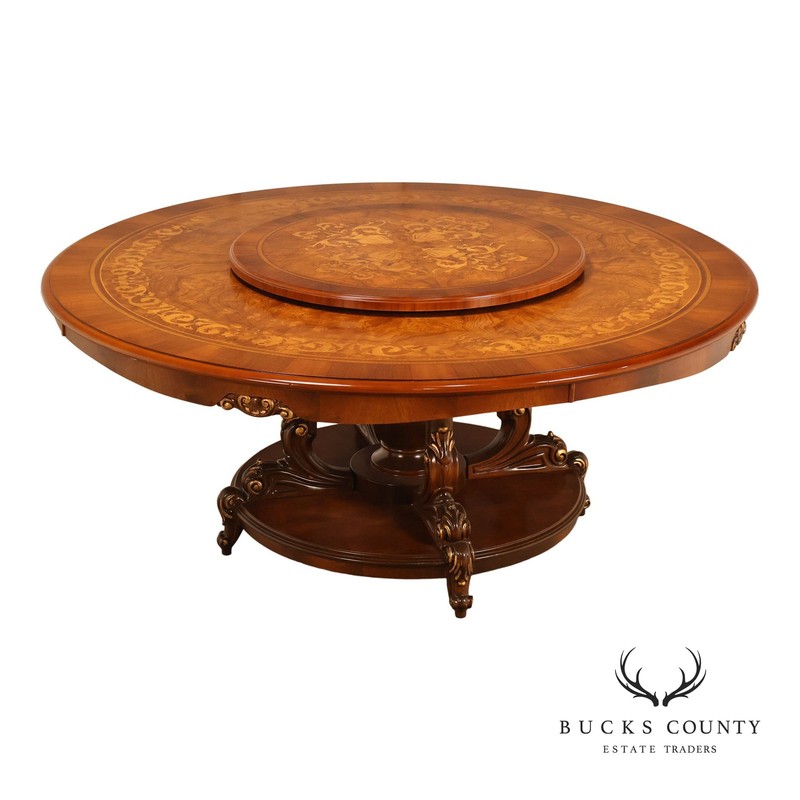 Italian 72″ Round Inlaid Burl Wood Dining Table With Lazy Susan
