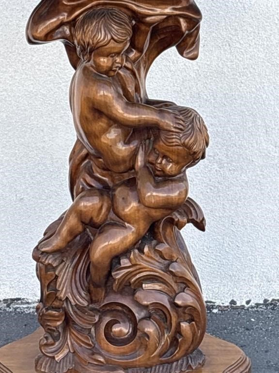 Italian Baroque Revival Carved Cherub Putti Pedestal Table – Mahogany Finish