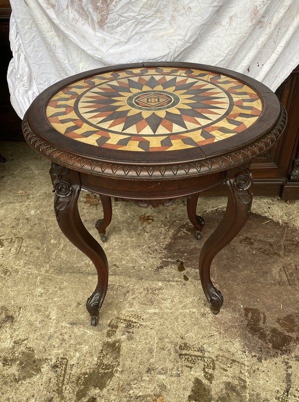 CARVED WALNUT MARBLE INLAID TABLE gallery
