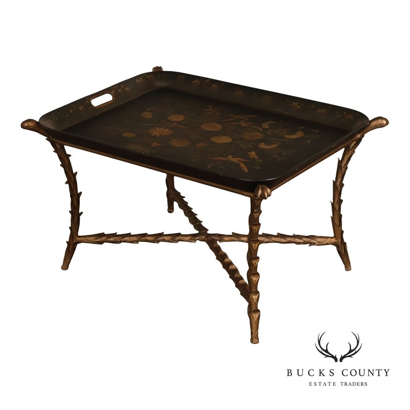 Tole Painted Tray Top Coffee Table With Gilt Metal Base