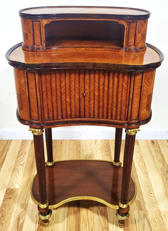 PAIR 19th C FRENCH Louis XVI BRONZE & TAMBOUR Front KIDNEY NIGHTSTAND End Tables gallery