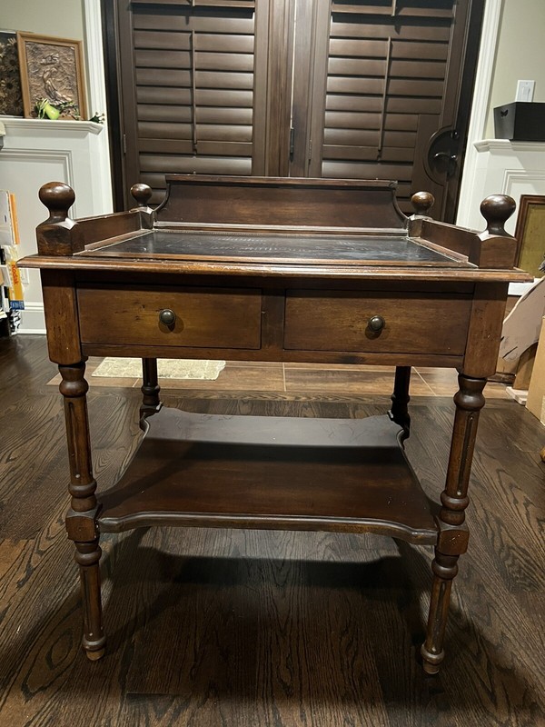 Vtg Leather Top Accent Table with 2 Drawers & Bottom Shelf gallery