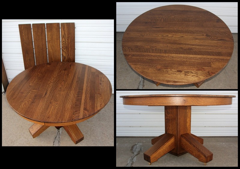 Antique 54″ Quarter Sawn Oak Mission Round Dining Table w 4 Leaves Massive Base