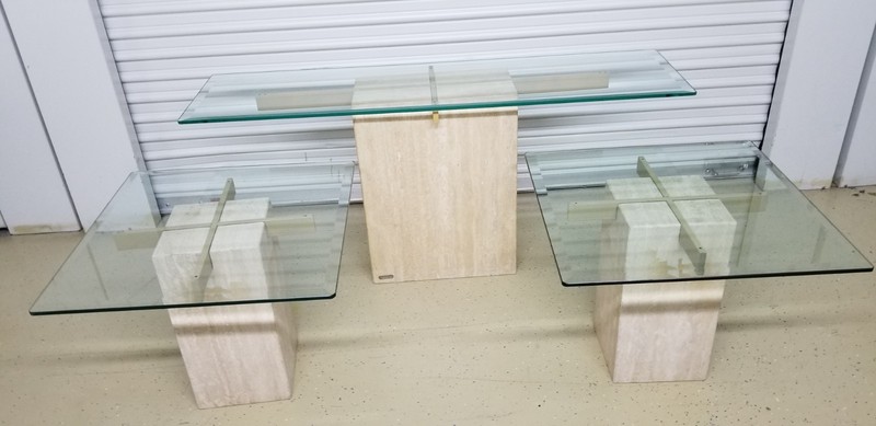 Artedi Italian Beveled Glass Top and Marble Base Coffee Tables Set of 3 Mintish