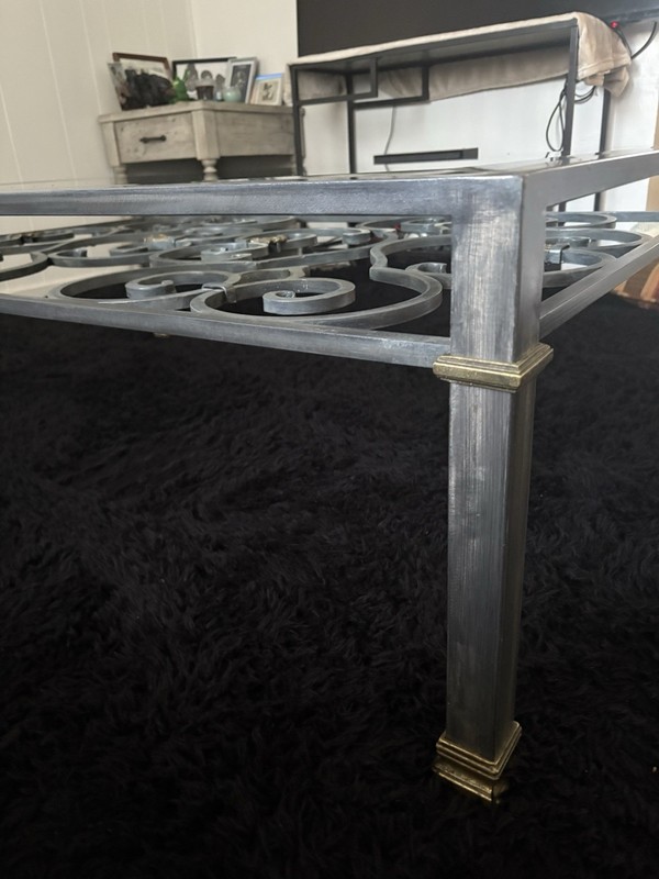Vintage Italian Regency Style Large Brushed Steel & Glass Scrolling Coffee Table gallery