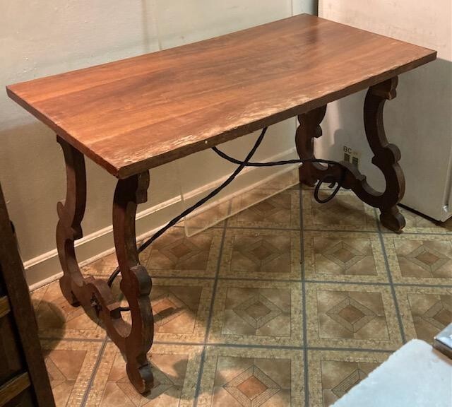 Vintage Spanish Catalan Trestle Dining Table with Lyre Legs and Iron Stretch gallery