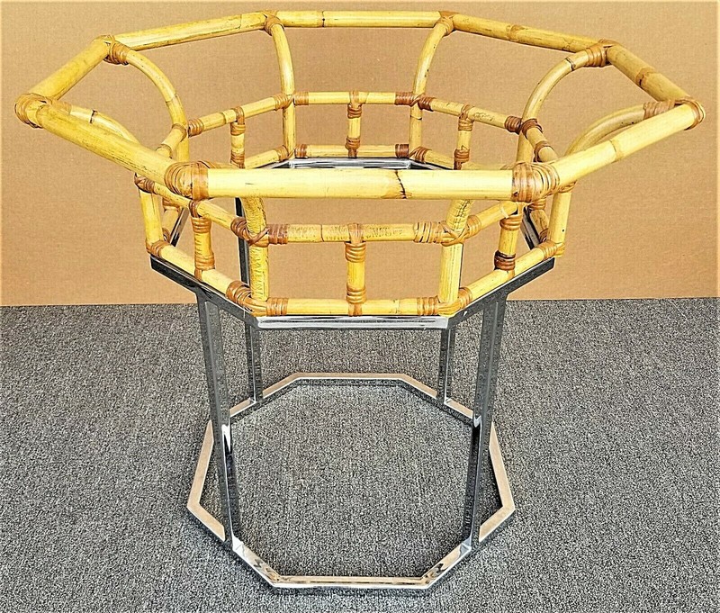 Vintage MCM Milo Baughman Style Chrome Bamboo Rattan Glass Dining Gaming Table gallery