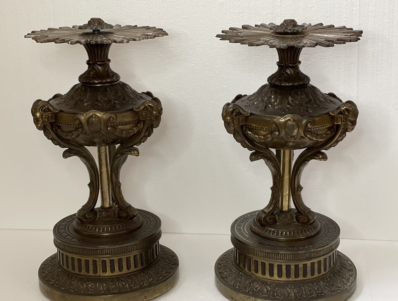 PAIR French Antique Bronze Spelter Rams Starburst Sunburst Pedestal Lamp Table gallery
