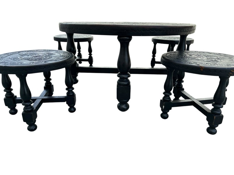Angel Pazimo Leather & Wood Coffee Table With 4 Chairs, Aztec, Local Pickup Only gallery