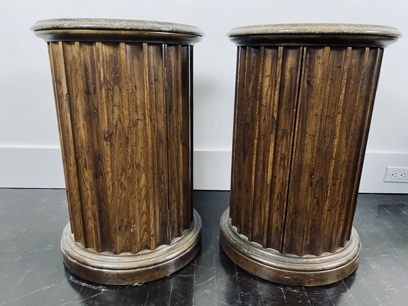 Vintage Neoclassical Style Marble Top Wooden Pedestal Side Tables—A Pair