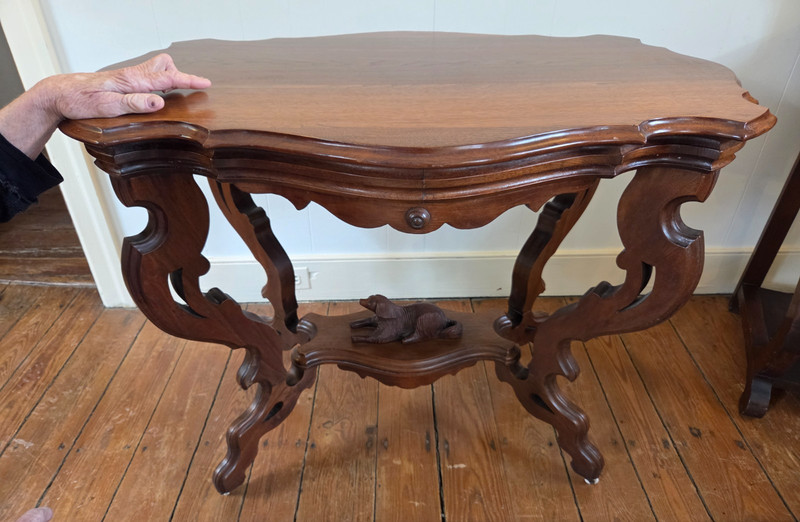 1850 - 1865 Antique Walnut Victorian Center Table with Hand Carved Dog Pristine gallery