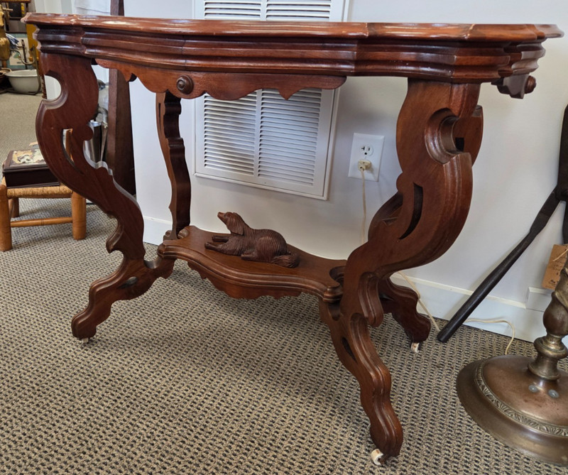 1850 – 1865 Antique Walnut Victorian Center Table with Hand Carved Dog Pristine