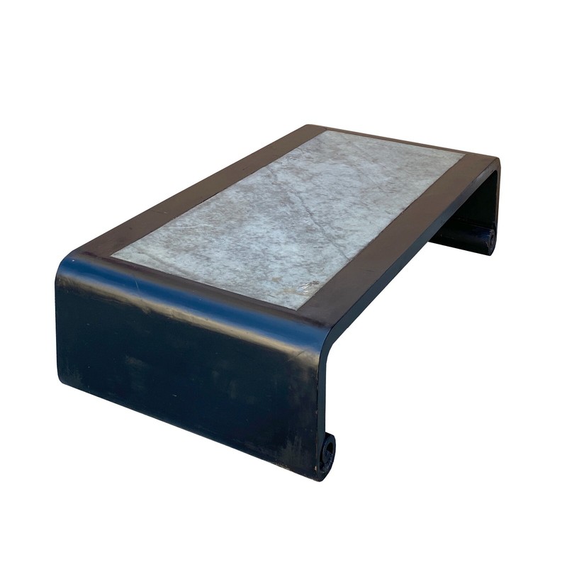 Distressed Black Lacquer Stone Top Scroll Legs Rectangular Coffee Table cs7287 gallery