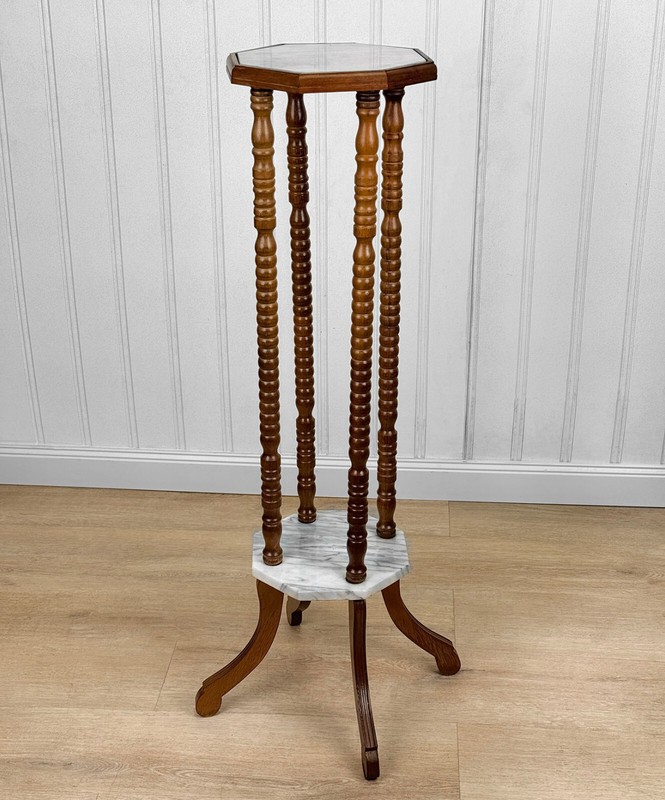 Vintage Traditional Turned Walnut & Marble Plant Stand Pedestal gallery