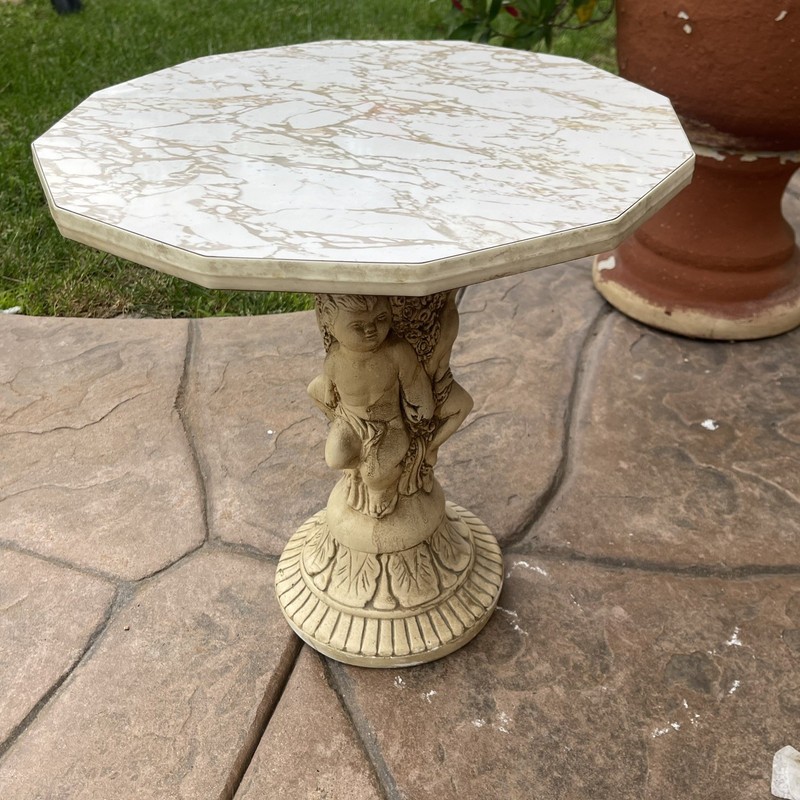Vintage Faux Marble Table Cherub Base Stand Hollywood Regency Figural Cupid baby