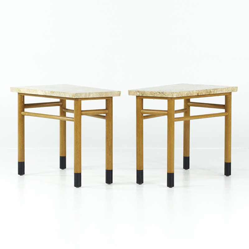 Edward Wormley for Dunbar Mid Century Travertine Wedge Tables – Pair