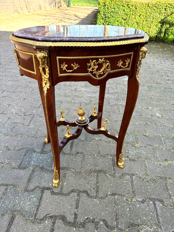 Table Oval Mahogany Louis XVI Marble Top Gilded Bronze French Vintage Decor gallery