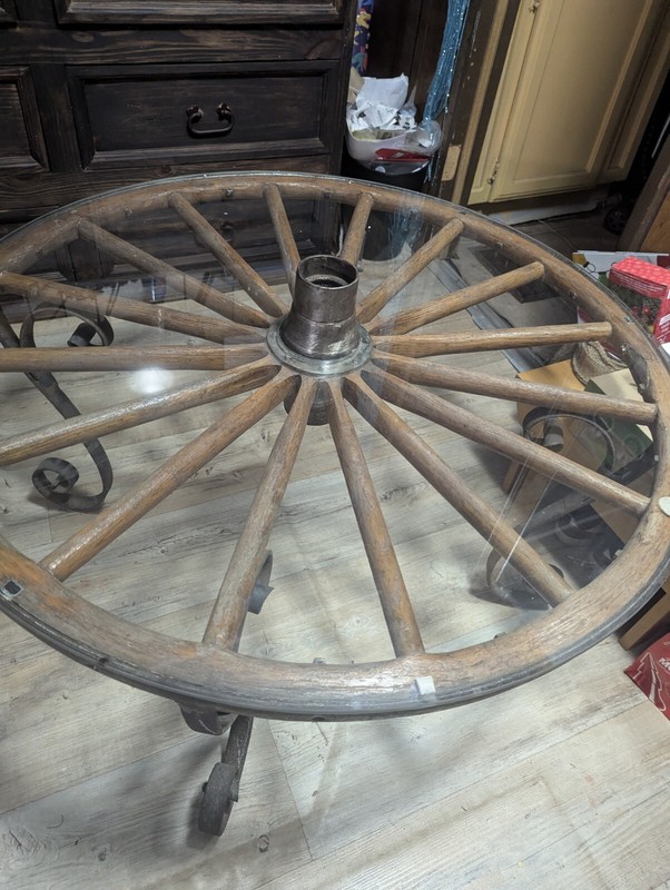 Antique Wagon Wheel Coffee Table With Iron Legs gallery