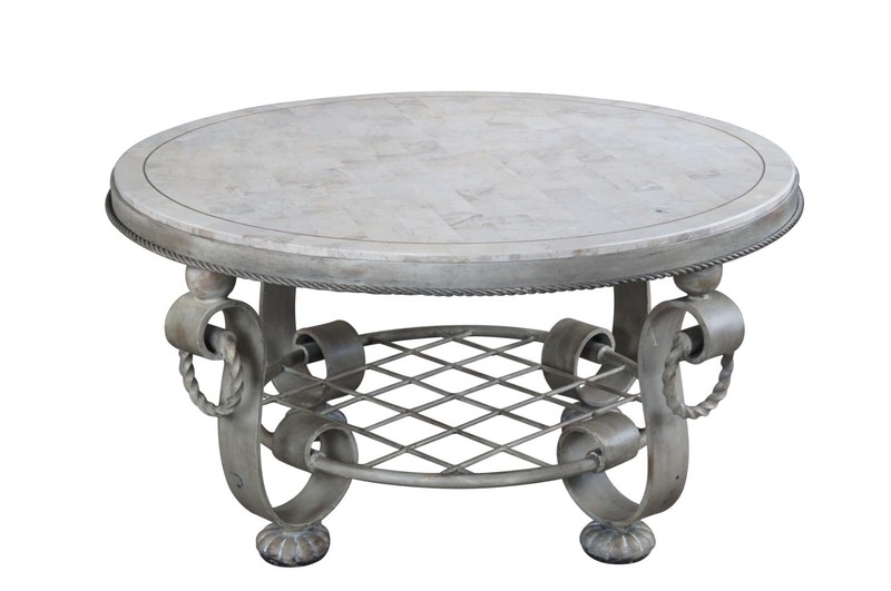 Maitland Smith Round Tessellated Stone Scrolled Iron Coffee Cocktail Table 37"