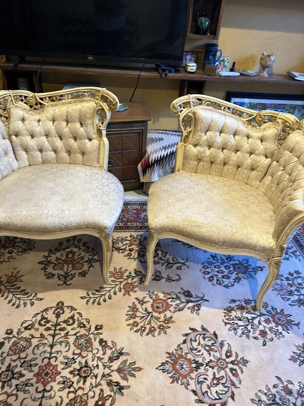 Provincial Set 3 Pieces, 2 Corner Chairs And 1 Table With Marble Top, Antique