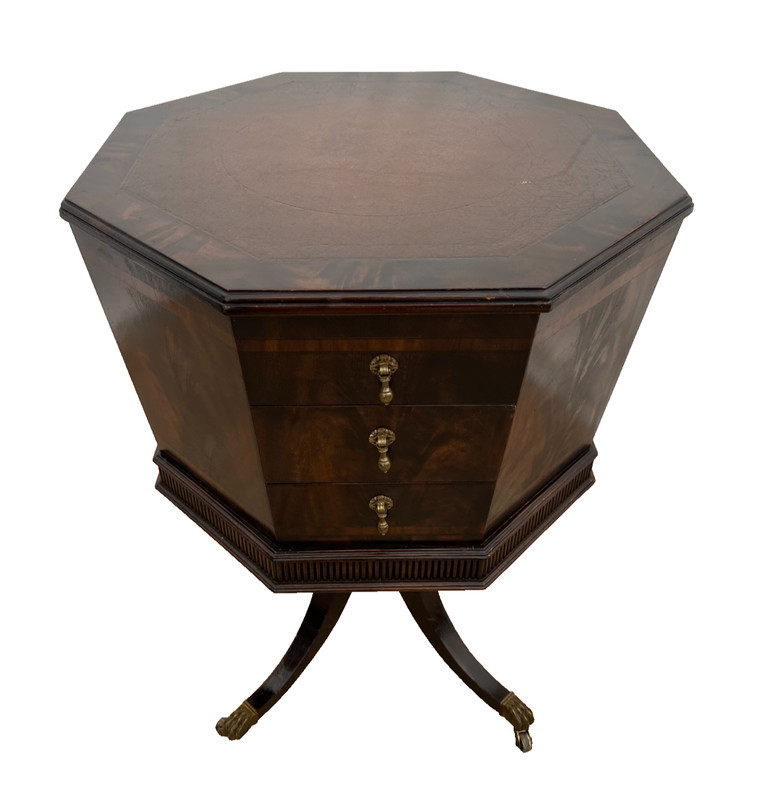 Antique Victorian Table Three Drawers Banded Mahogany Octagon Casters