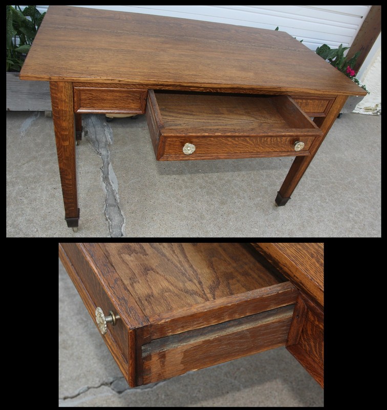 Antique Brilliant Quartered Oak Desk Library Table Cast Iron Industrial Cap Feet gallery