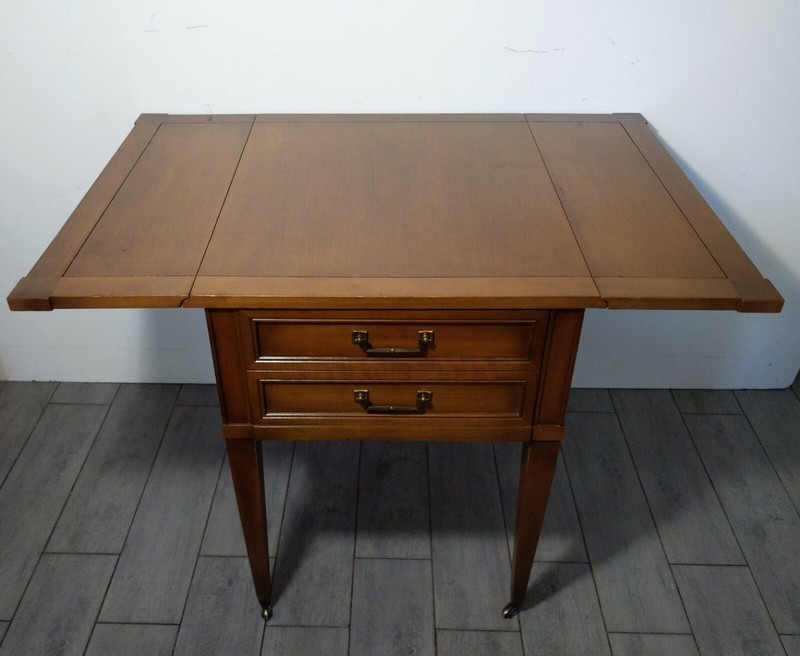 Vintage Mid Century Drop Leaf Rolling Wood Table Nelsonized Drawer Brass Feet gallery