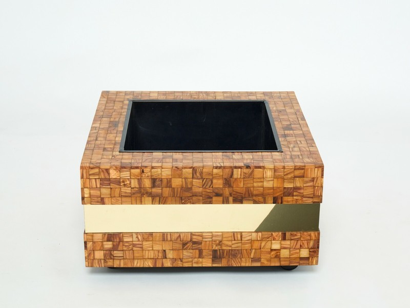 Italian Sandro Petti olive wood marquetry brass bar table planter 1970s