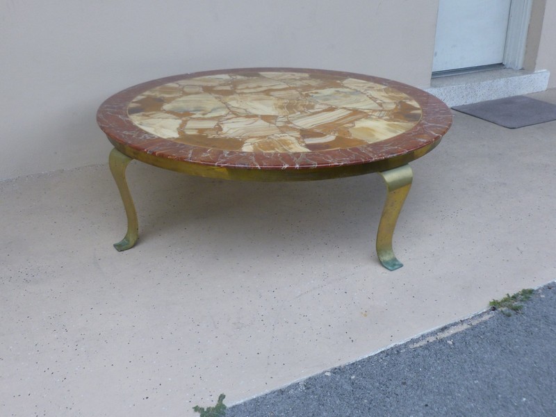 SPECTACULAR MULLER BROTHERS ONYX & ALABASTER COFFEE TABLE W CURVED BRASS LEGS gallery