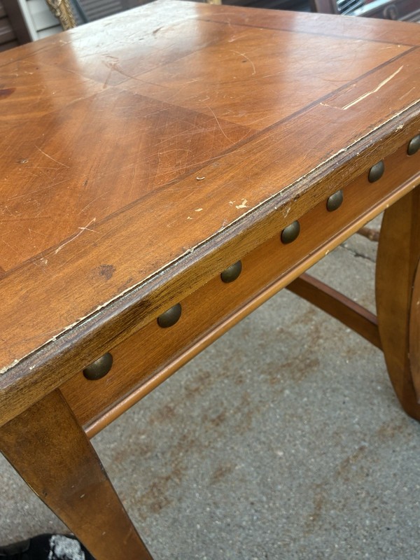 Antique Wood Side Table, Square, Brass Studs, Brown, 25"H x 25"W x 25"L, Indoor gallery