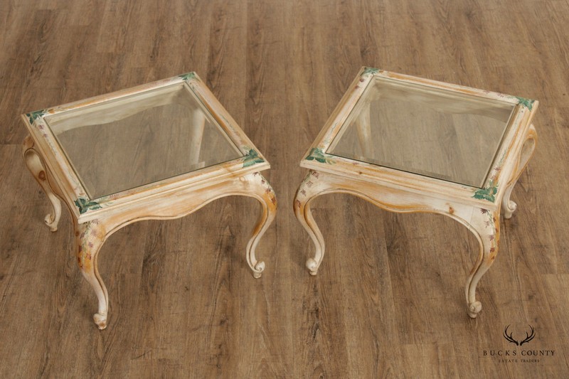 French Style Pair Paint Decorated Glass Top End Tables gallery