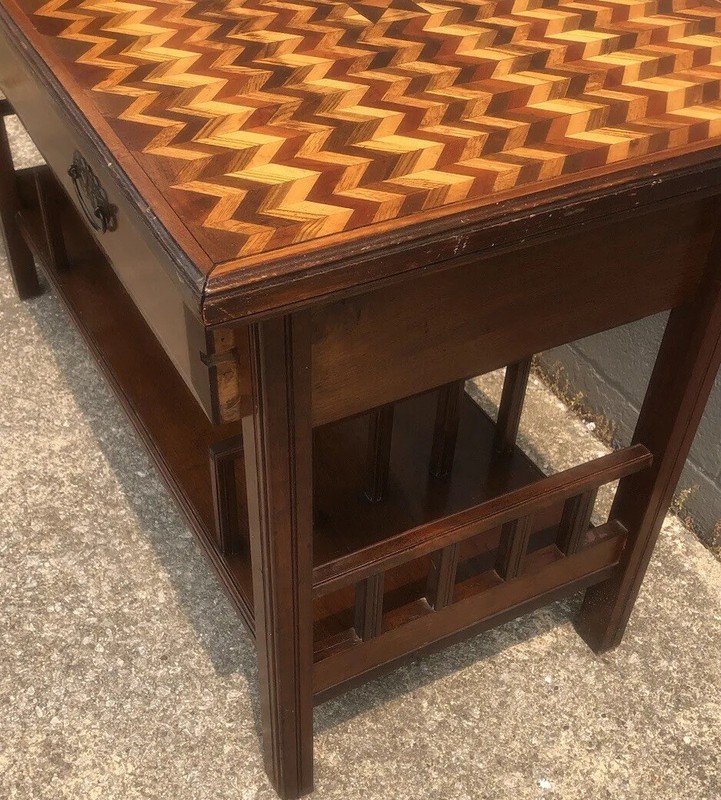 Antique Sofa Table Kitchen Island Marquetry Walnut Wood Inlaid Folk Art Top gallery