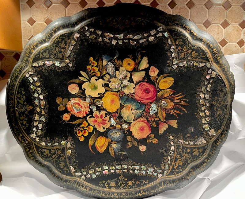 Rare Antique English Victorian Tilt Table Top- Paper Mache & Pearl gallery