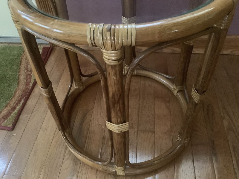 Vintage Rattan Bamboo Round Side End Table Glass Top MCM Tiki Boho Drum gallery