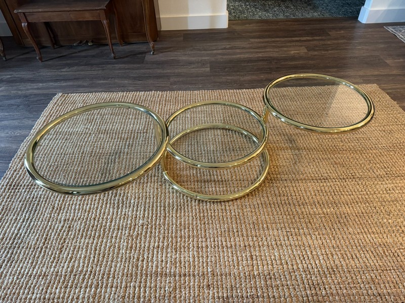 Vintage MCM Round Swivel 3 Tier Brass & Glass Table, MILO BAUGHMAN Style gallery