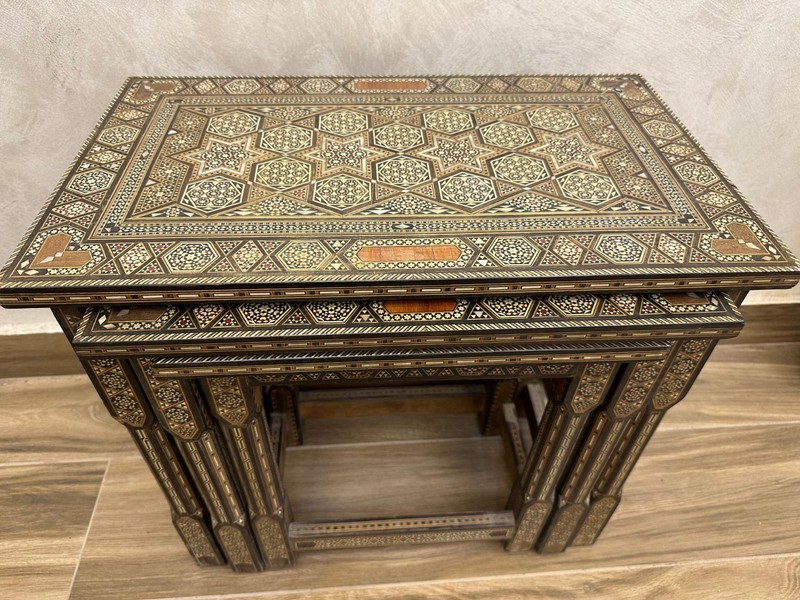 Rare Vintage Damascus Inlaid Nest of 3 Tables 1940s Mother of Pearl Tunbridge gallery