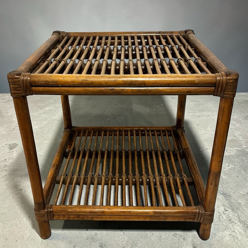 Pair Vintage Mid Century Bamboo Rattan Wicker Side End Table Stand Tiki Boho MCM gallery