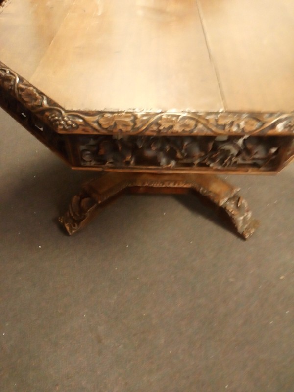 Antique Hand Art Nouveau 19th C Renaissance Gothic Table Carved Octagon 8 Side gallery