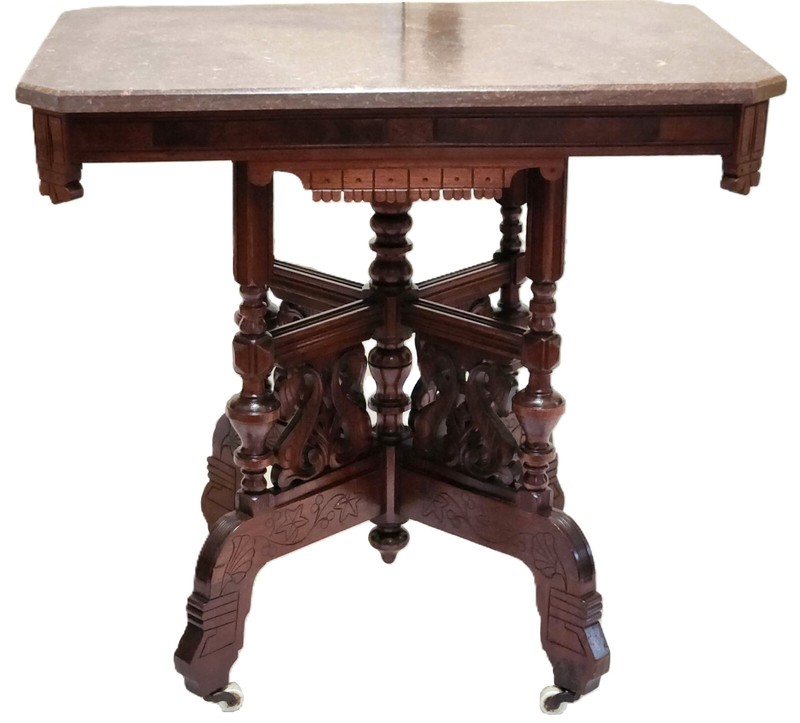 Center Parlor TABLE, Eastlake Victorian, Burl Walnut, Lyre, TN Brown Marble,33"L gallery