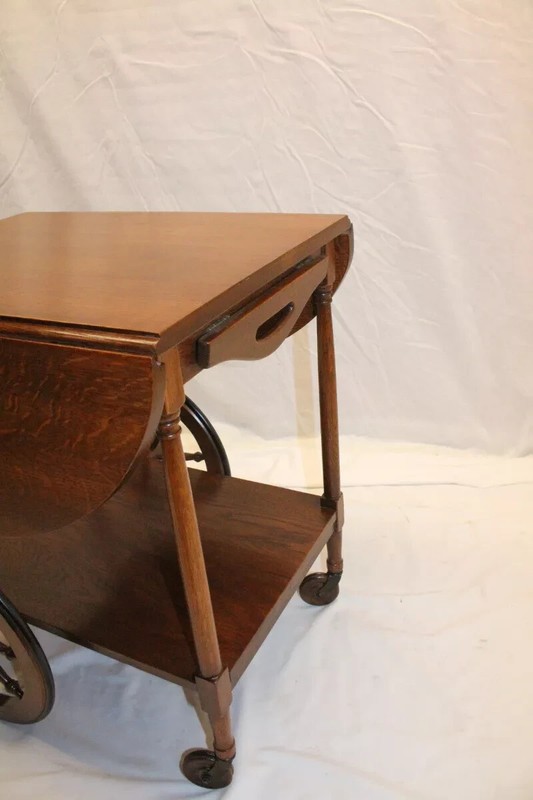 Antique Arts & Crafts Tiger Oak Drop Leaf Serving Table Tea Cart &Removable Tray gallery