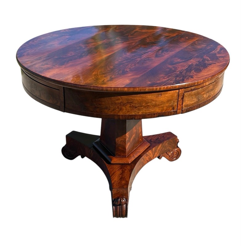 ANTIQUE LATE FEDERAL MAHOGANY THREE DRAWER CENTER TABLE ON OBELISK PEDESTAL BASE gallery
