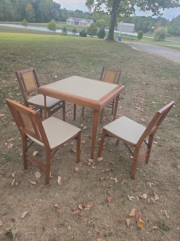 MID CENTURY STAKMORE CANE BACK FOLDING CARD TABLE AND CHAIRS SEE PHOTO DESCRIPT.
