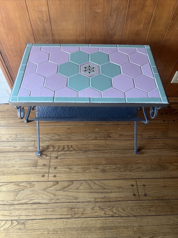 Vintage 1950’s Pink & Teal Tile Table Top With Hammered Gun Metal Book Rack